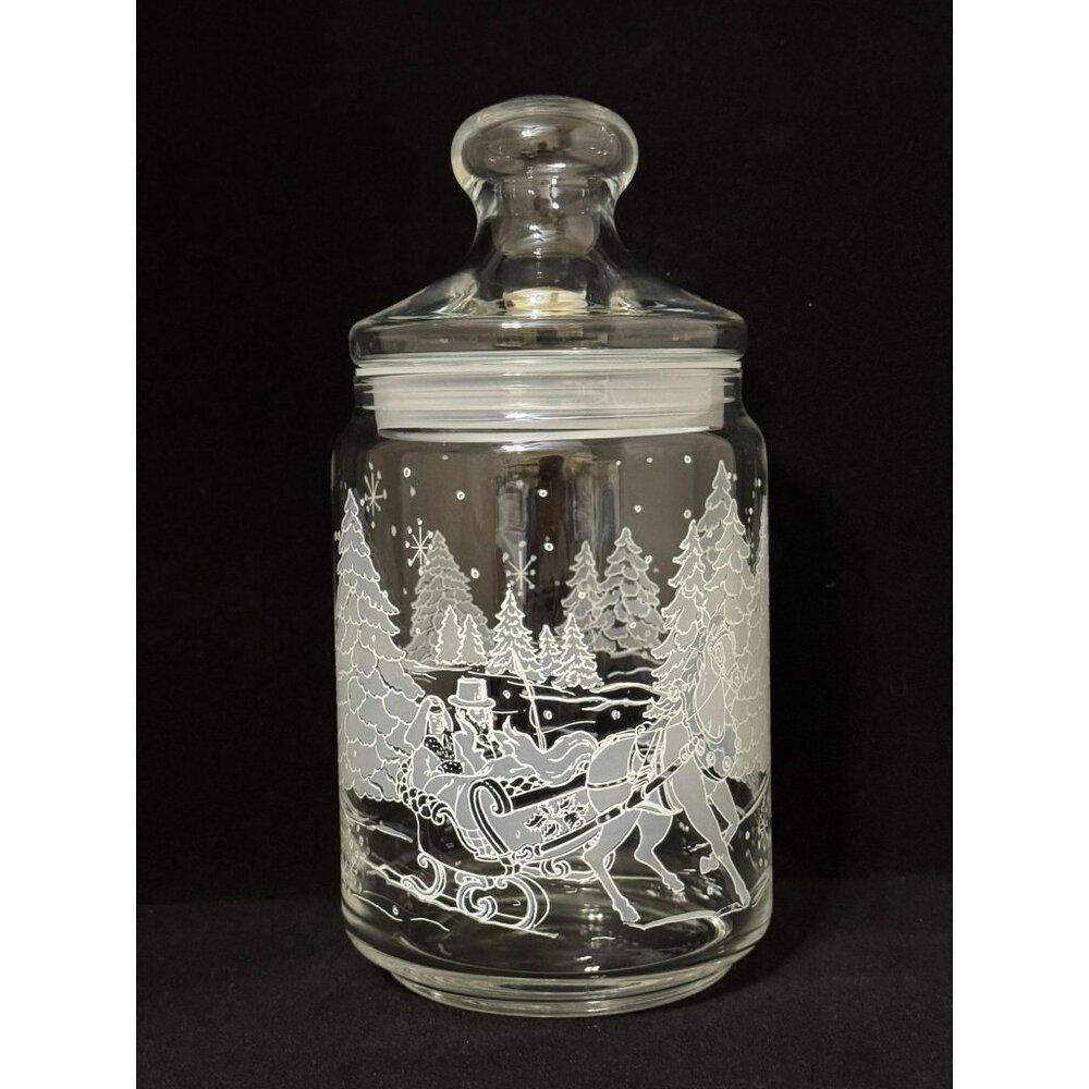 Vintage 1993 Luminarc Glass Canister Lid Etched Winter Scene Avon Happy Holidays